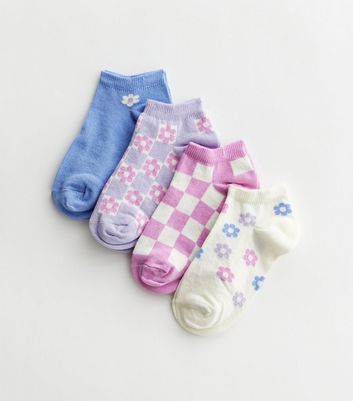 Girls 4 Pack Purple Yellow and Blue Floral Check Socks