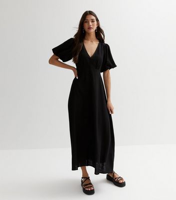 Black Linen Blend Puff Sleeve Midaxi Dress New Look