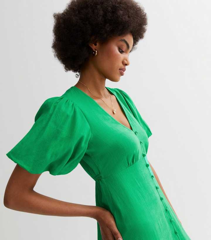 Green Linen Blend Puff Sleeve Midaxi Dress | New Look