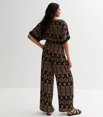 Black Tile Print Kimono Jumpsuit New Look