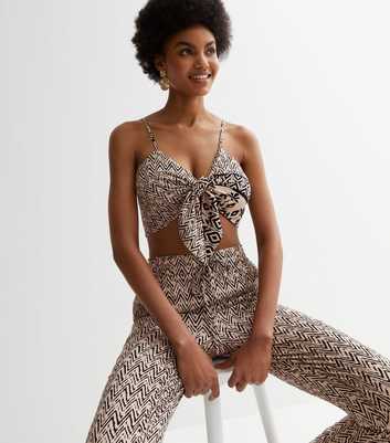 Off White Abstract Print Tie Front Strappy Crop Top