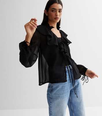 Influence Black Chiffon Frill Tie Front Blouse
