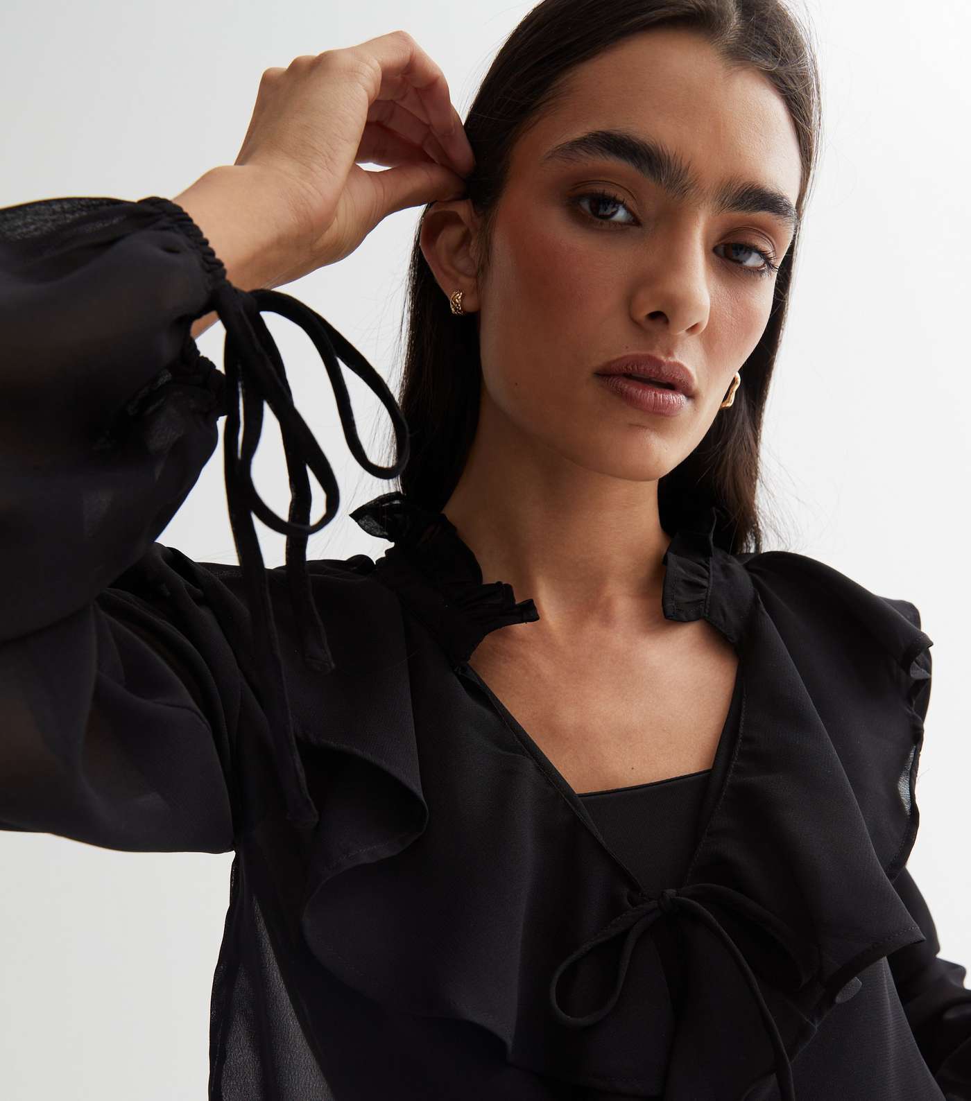 Influence Black Chiffon Frill Tie Front Blouse Image 4
