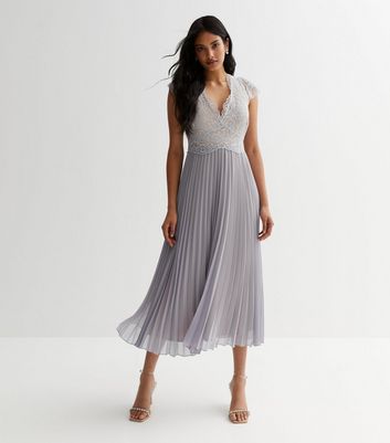 Pale Grey Lace Pleated Midi Dress New Look