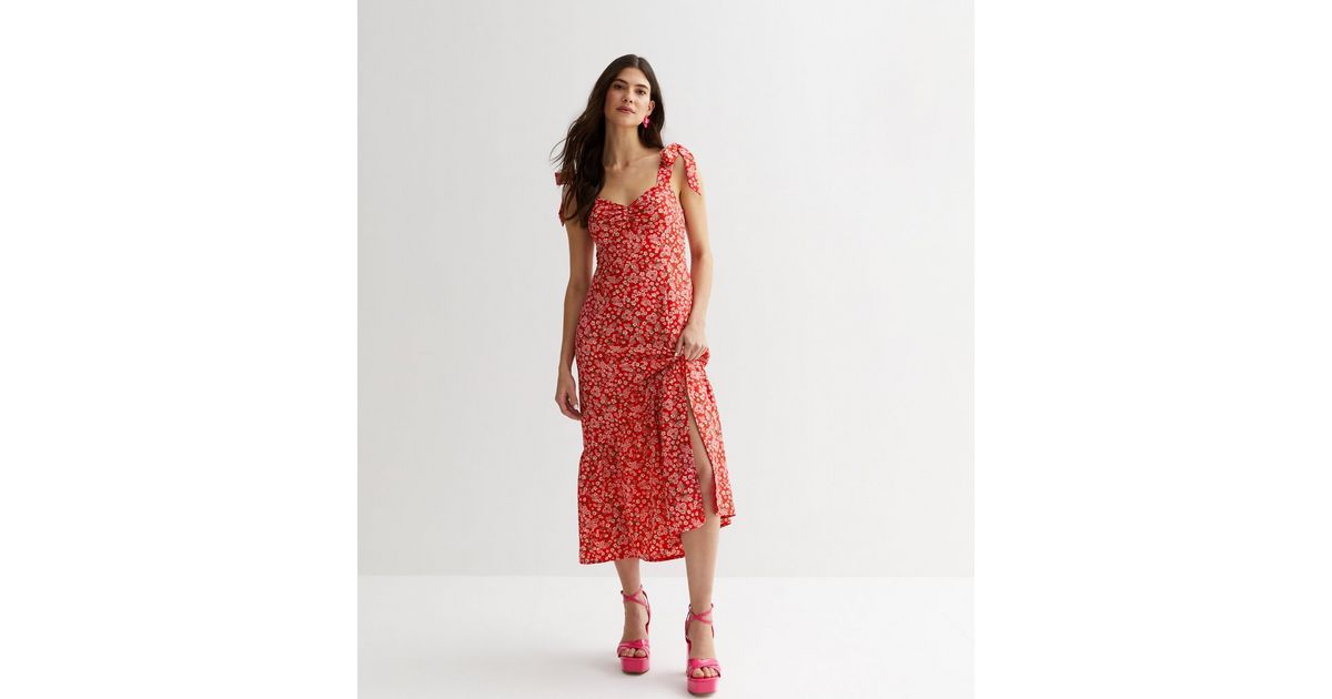 Red Floral Tie Strap Midi Dress | New Look