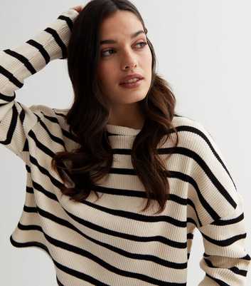 Off White Stripe Ribbed Knit Drop Shoulder Top