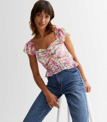 Pink Rose Print Ruffle Sleeve Peplum Top