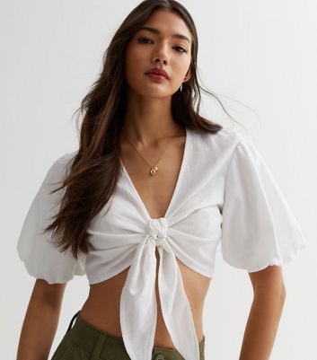White Linen Blend Tie Front Crop Top | New Look