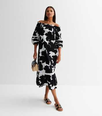 Black Abstract Frill Bardot Midi Dress