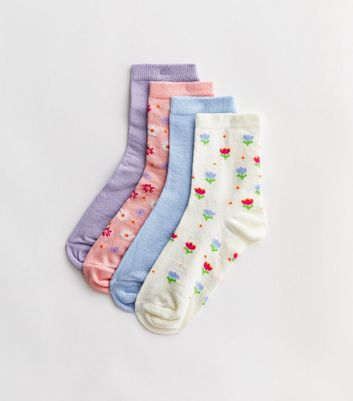 4 Pack Multicoloured Floral Ankle Socks New Look