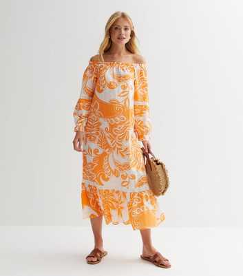 Orange Tropical Frill Bardot Midi Dress