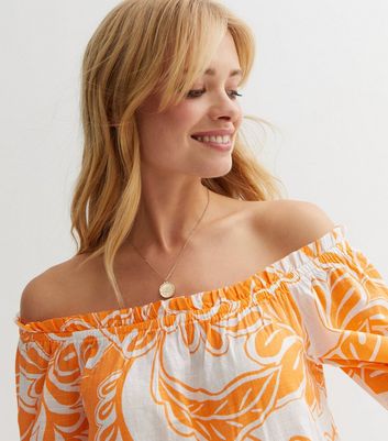 Orange Tropical Frill Bardot Midi Dress New Look