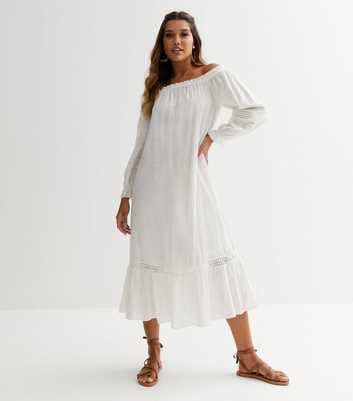 White Linen Look 3/4 Sleeve Bardot Midi Dress