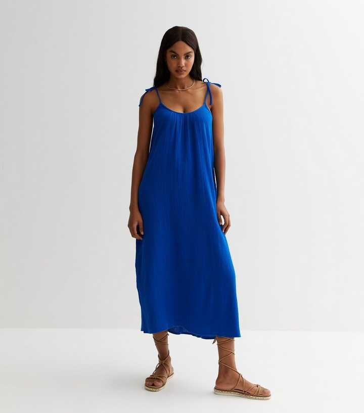 Bright Blue Cheesecloth Strappy Midaxi Dress