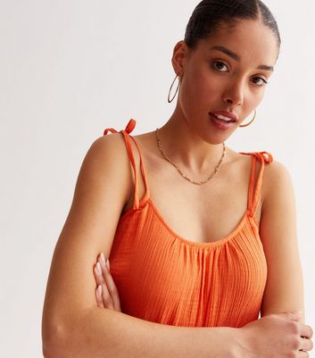 Bright Orange Cheesecloth Strappy Tiered Cami Dress