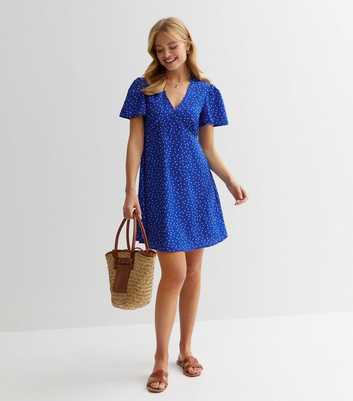 Blue Spotty V Neck Mini Dress