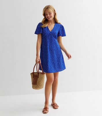 Blue Spotty V Neck Mini Dress | New Look