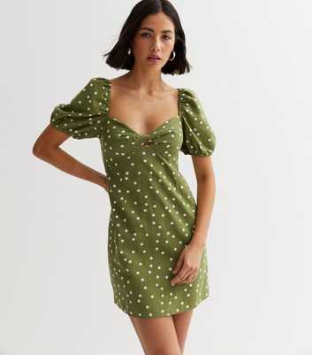 Green Spot Puff Sleeve Mini Dress