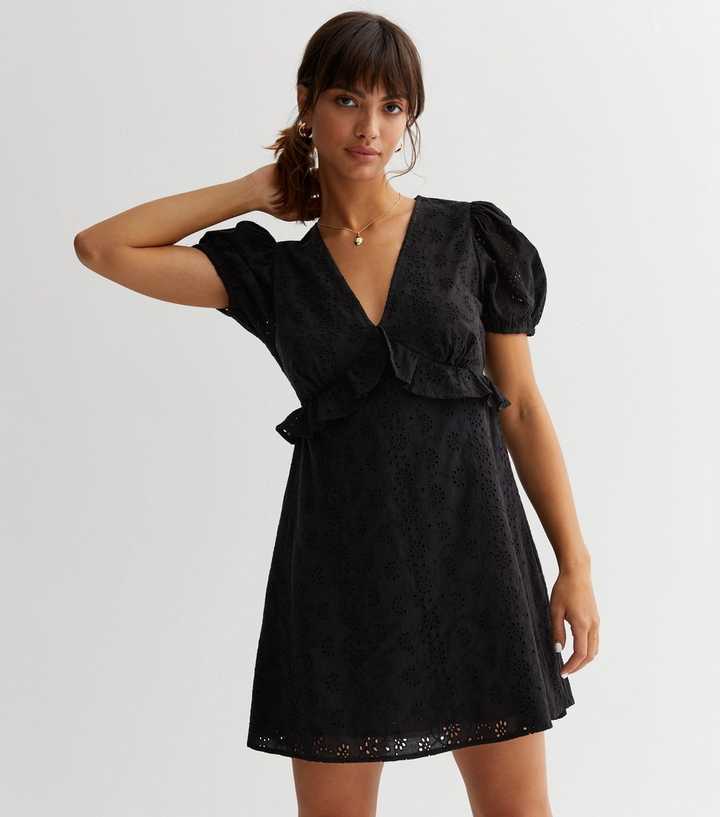 Black Cotton Broderie Frill Mini Dress