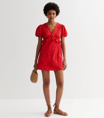 Red Cotton Broderie Frill Mini Dress New Look