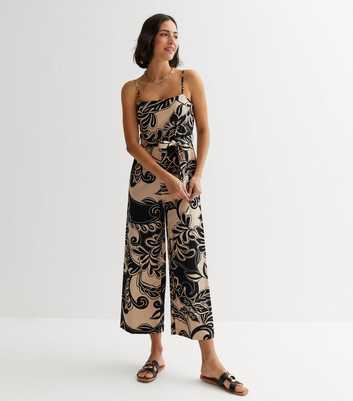 Brown Tropical Print Strappy Jumpsuit