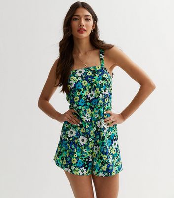 Blue Floral Square Neck Playsuit New Look