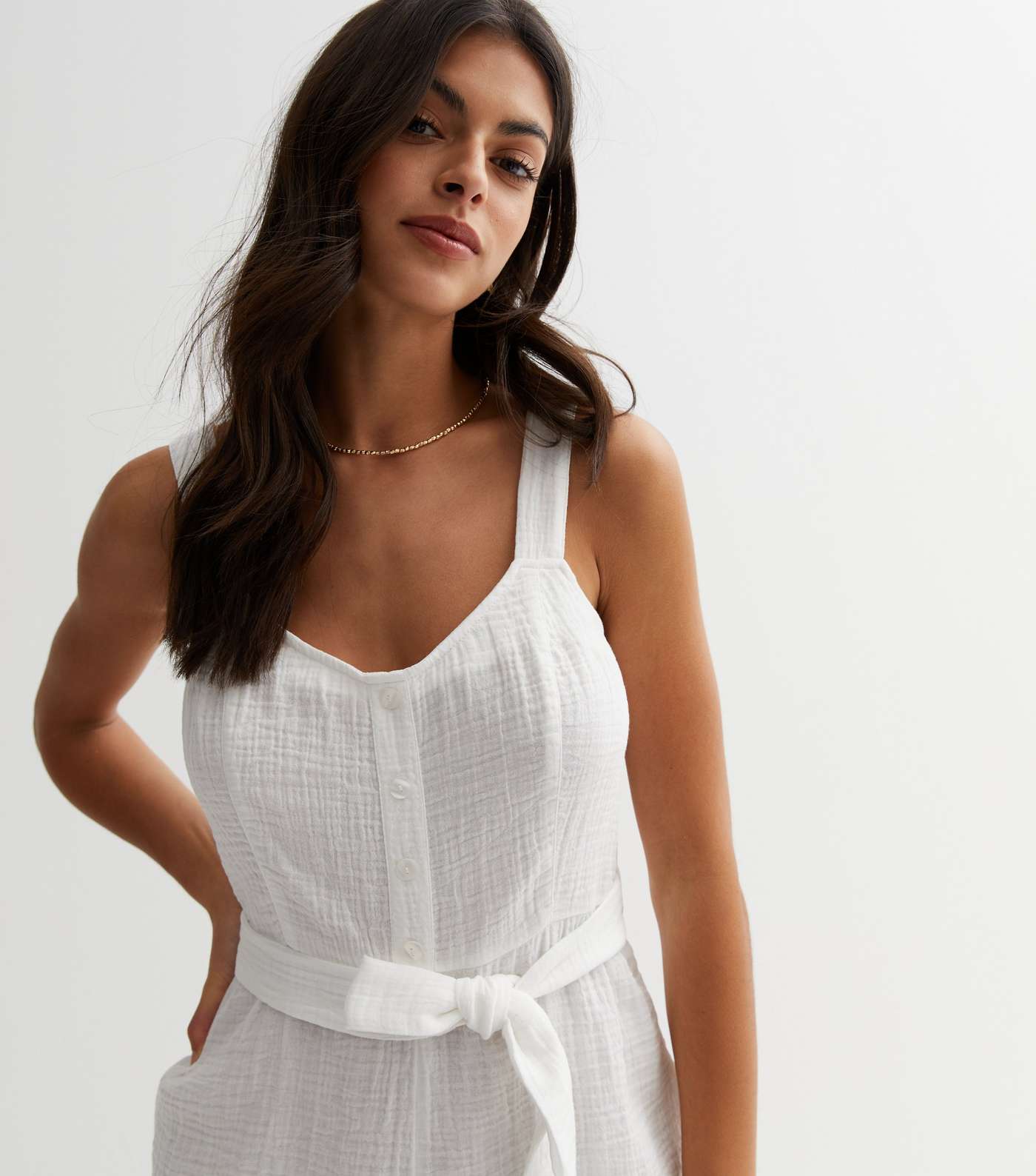 White Textured Belted Playsuit Image 3