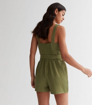 Olive Textured Belted Playsuit New Look