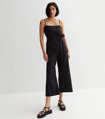 Black Linen Blend Wide Leg Crop Jumpsuit