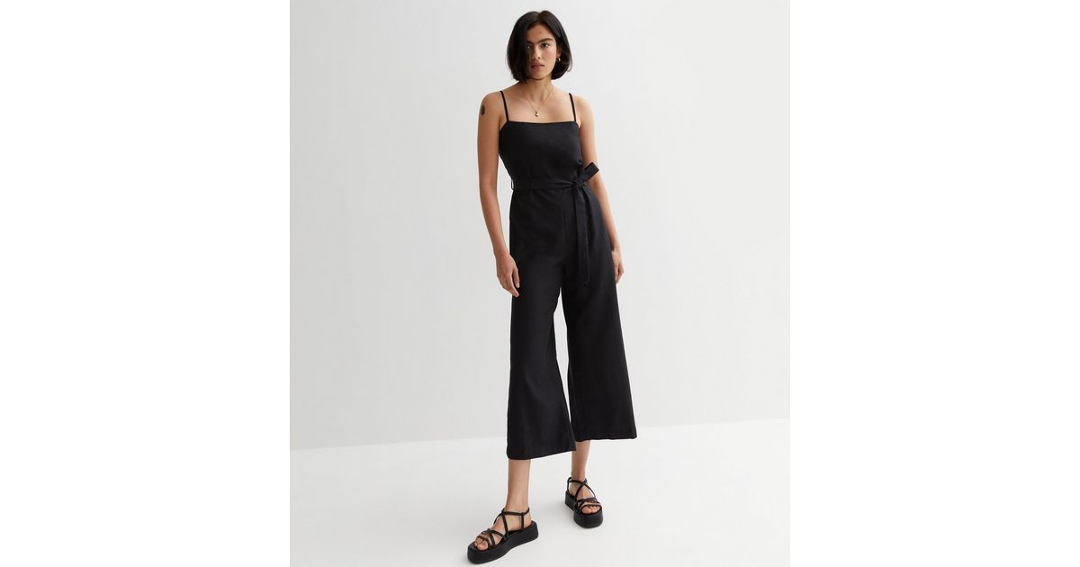 Black Linen Blend Wide Leg Crop Jumpsuit New Look