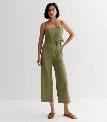 Olive Linen Blend Wide Leg Crop Jumpsuit New Look