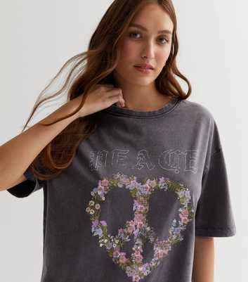 Dark Grey Floral Peace Acid Wash Oversized T-Shirt