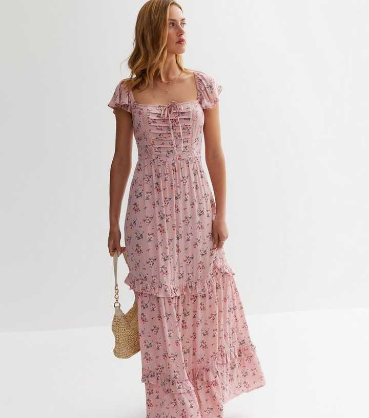 Pink Floral Square Neck Frill Maxi Dress