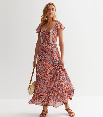 Orange Floral Square Neck Frill Maxi Dress | New Look