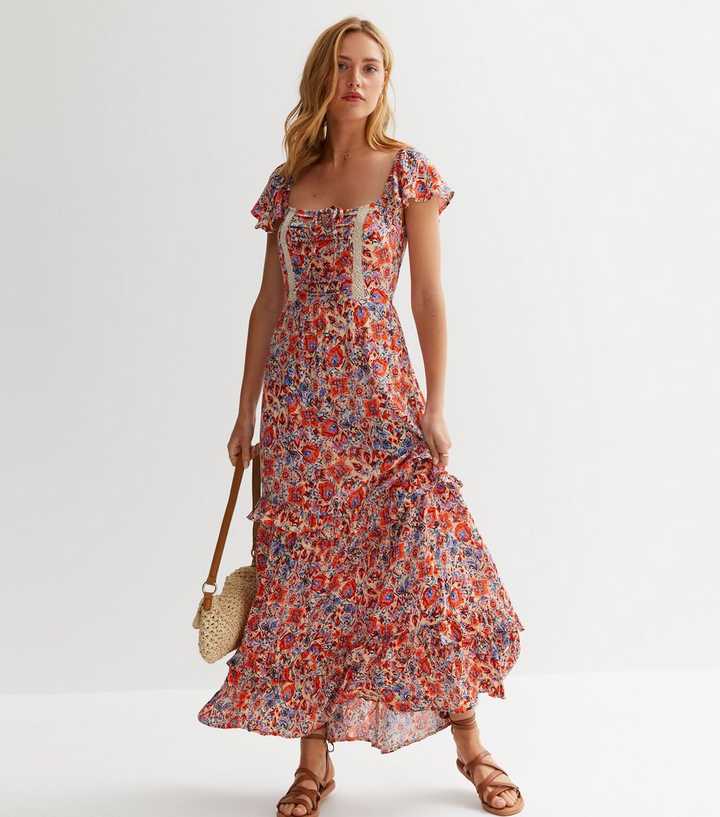 Orange Floral Square Neck Frill Maxi Dress