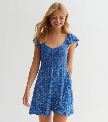 Blue Ditsy Shirred Ruffle Sleeve Mini Dress New Look