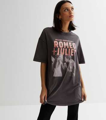 Dark Grey Acid Wash Romeo and Juliet Glitter Logo Oversized T-Shirt