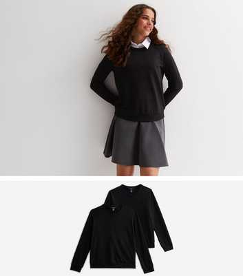 Girls 2 Pack Black Fine Knit Crew Neck Jumpers