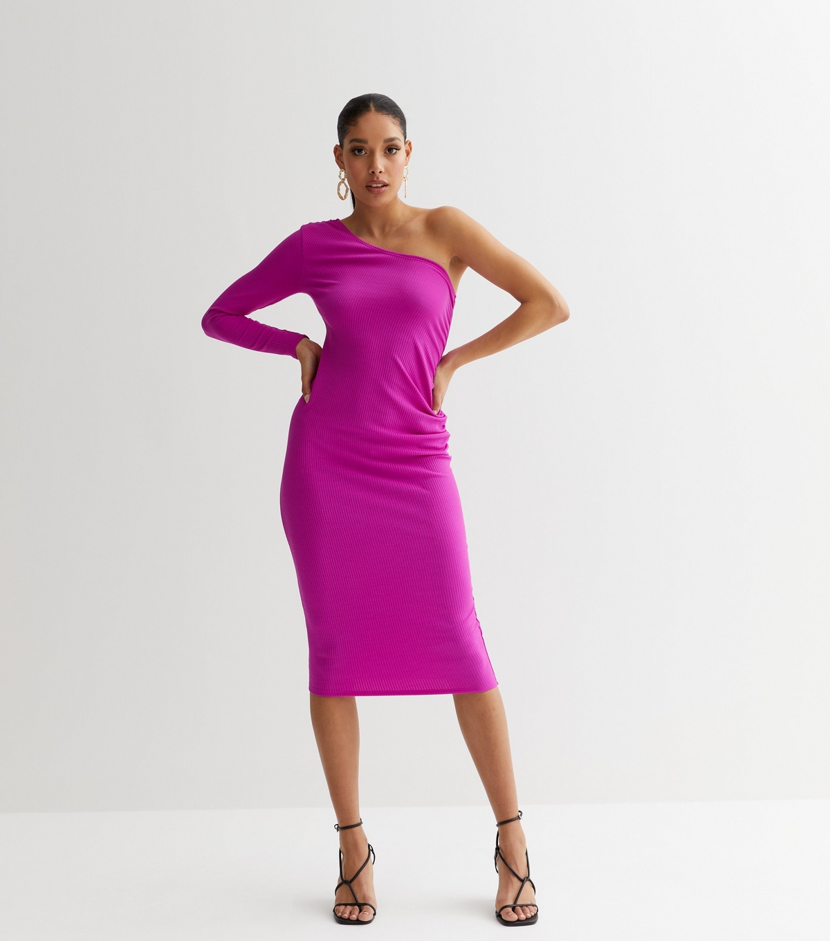Women's Purple Ribbed One Shoulder Ruched Midi Bodycon Dress New Look