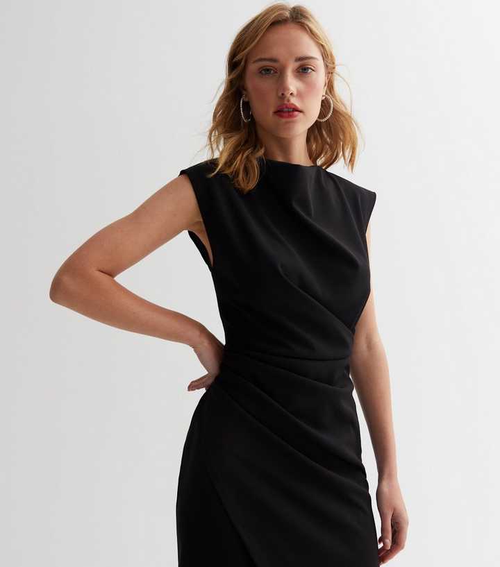 Black High Neck Asymmetric Midi Wrap Dress