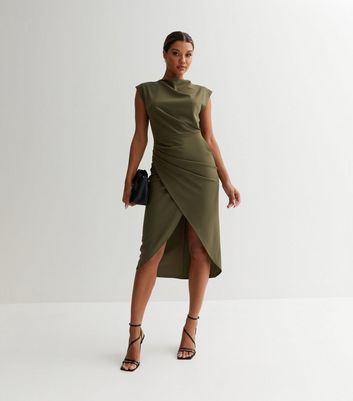 Khaki High Neck Asymmetric Midi Wrap Dress New Look