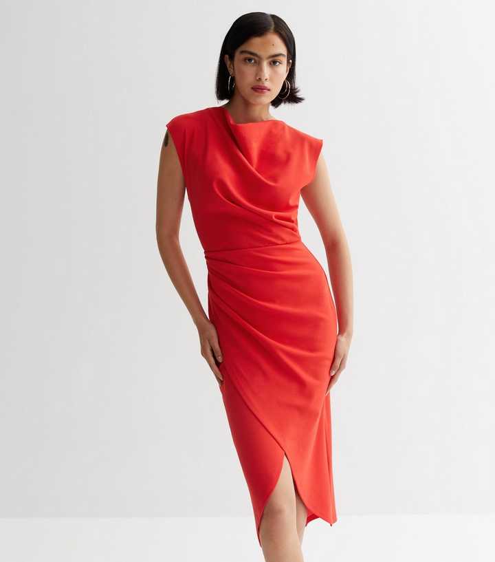 Red High Neck Asymmetric Midi Wrap Dress