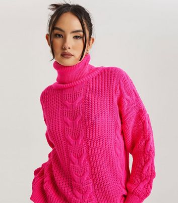 Urban Bliss Bright Pink Cable Knit Roll Neck Jumper