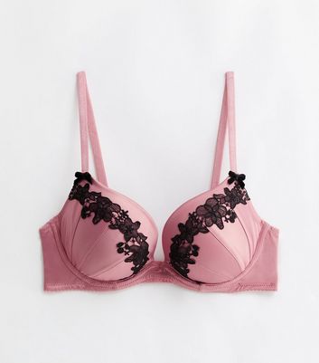 Mid Pink Satin Embroidered Trim Push Up Bra New Look