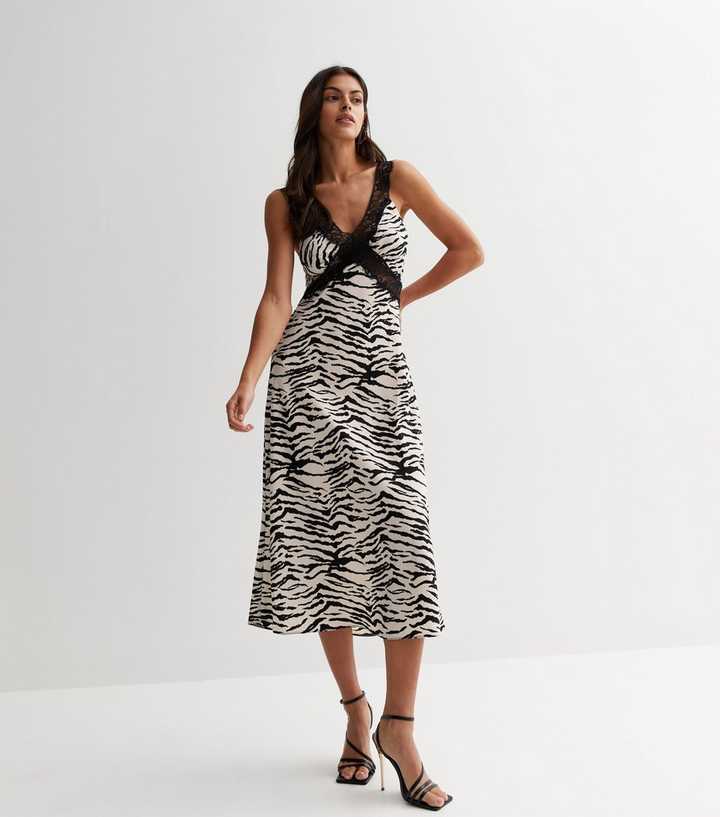 White Tiger Print Lace Trim Midi Dress