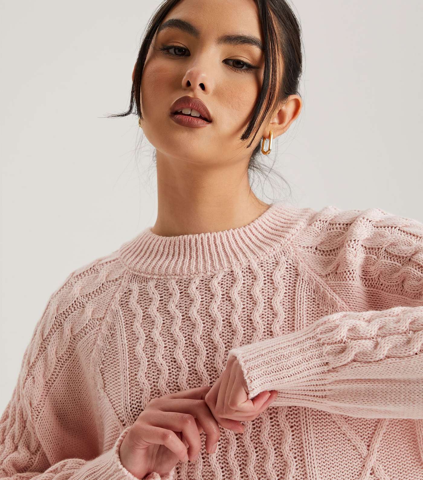 Urban Bliss Pale Pink Cable Knit Crew Neck Jumper Image 2