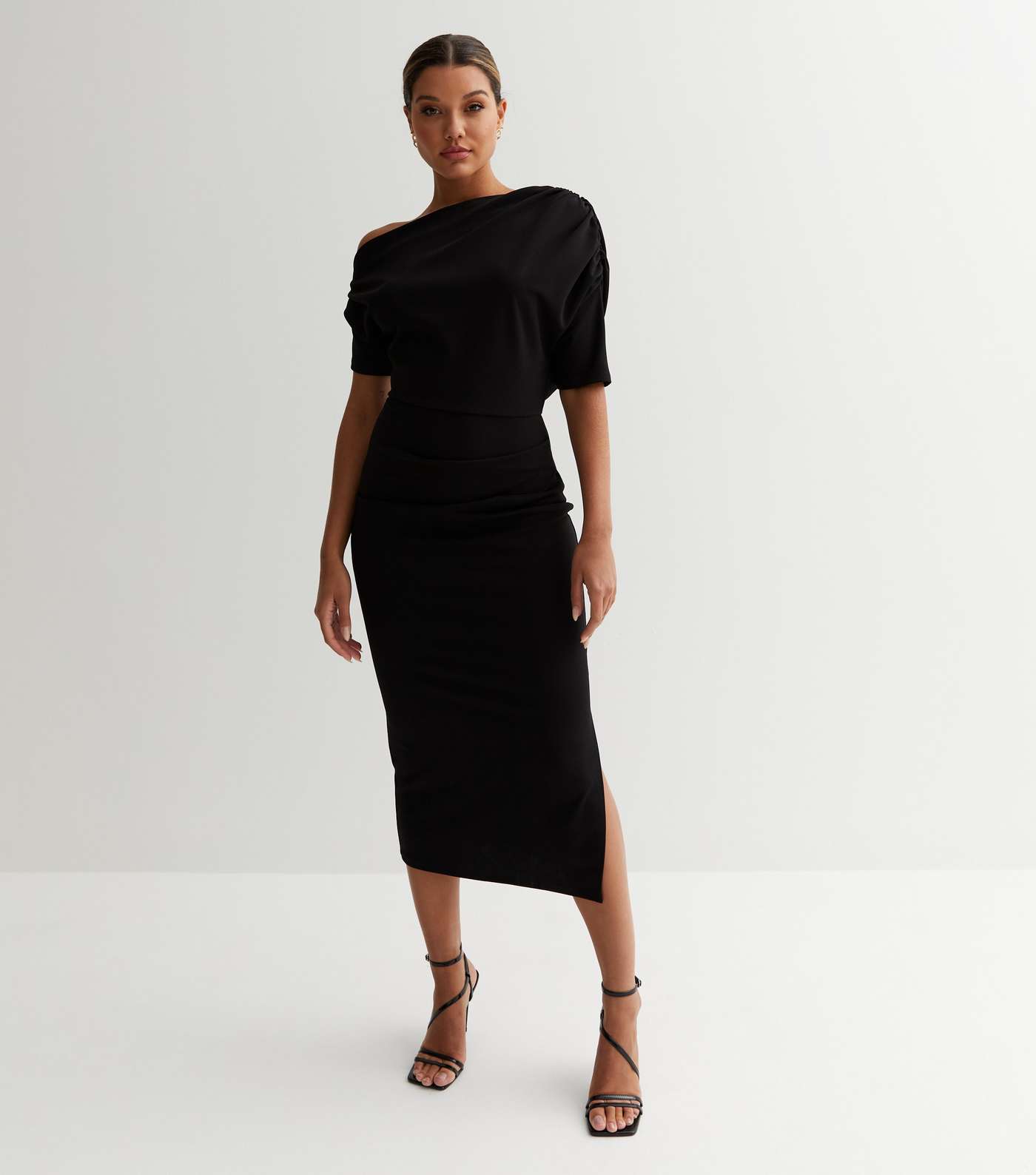 Black Scuba Asymmetric Ruched Midi Dress Image 3