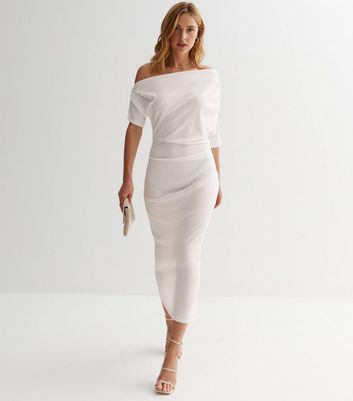 Off White Scuba Asymmetric Ruched Midi Dress New Look
