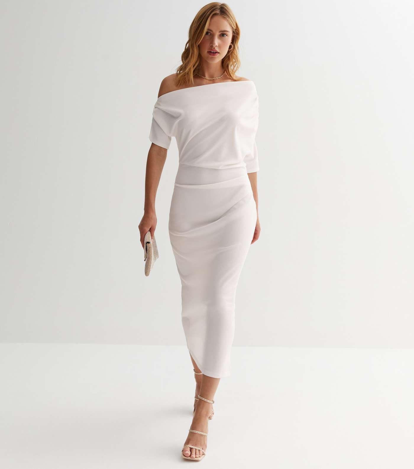 Off White Scuba Asymmetric Ruched Midi Dress