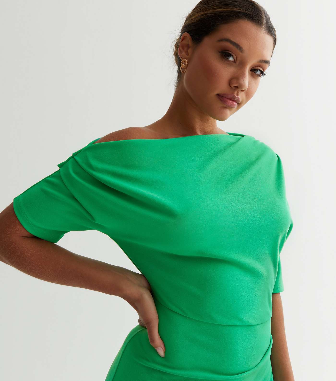 Green Scuba Asymmetric Ruched Midi Dress Image 2
